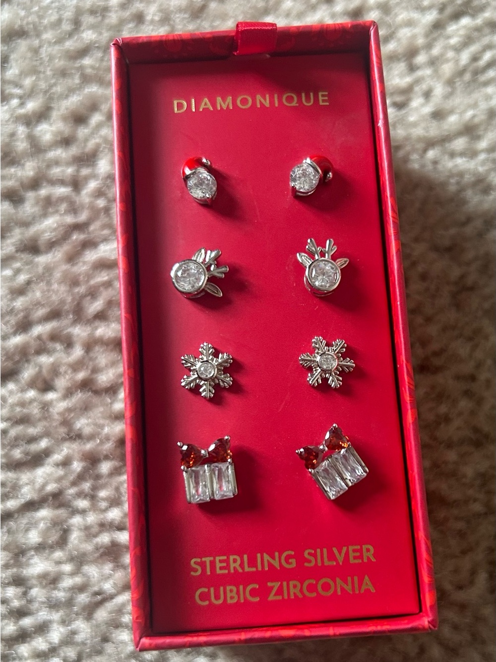 Diamonique Sterling Silver Earring Set - Silver, Clear & Red Accents